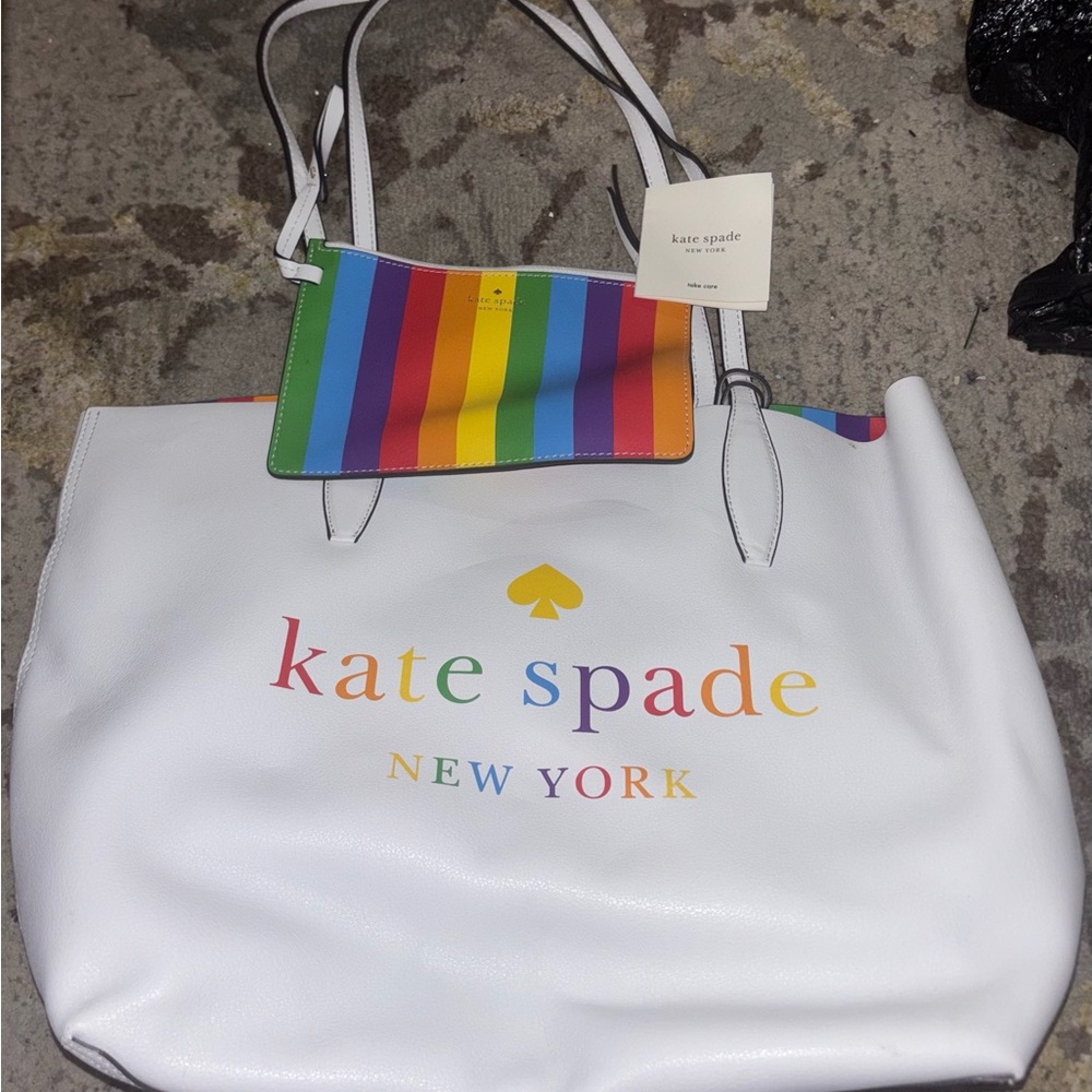 Kate Spade White Tote with Rainbow Accents